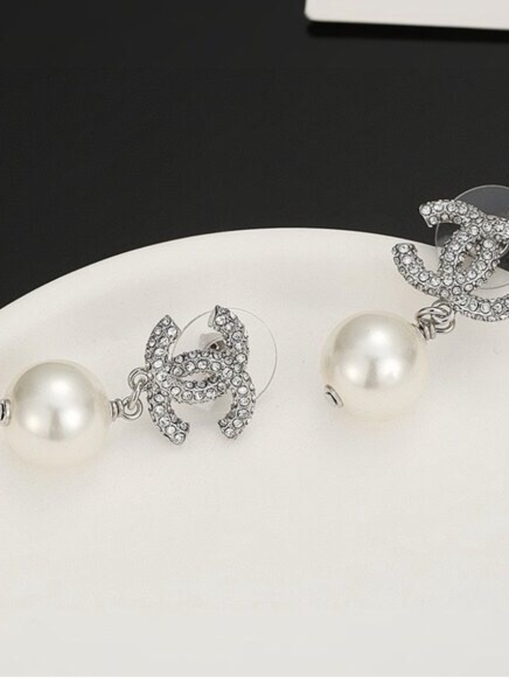 CHANEL Silver Crystal CC Drop Earrings with White Pearls - Picture 3 of 6